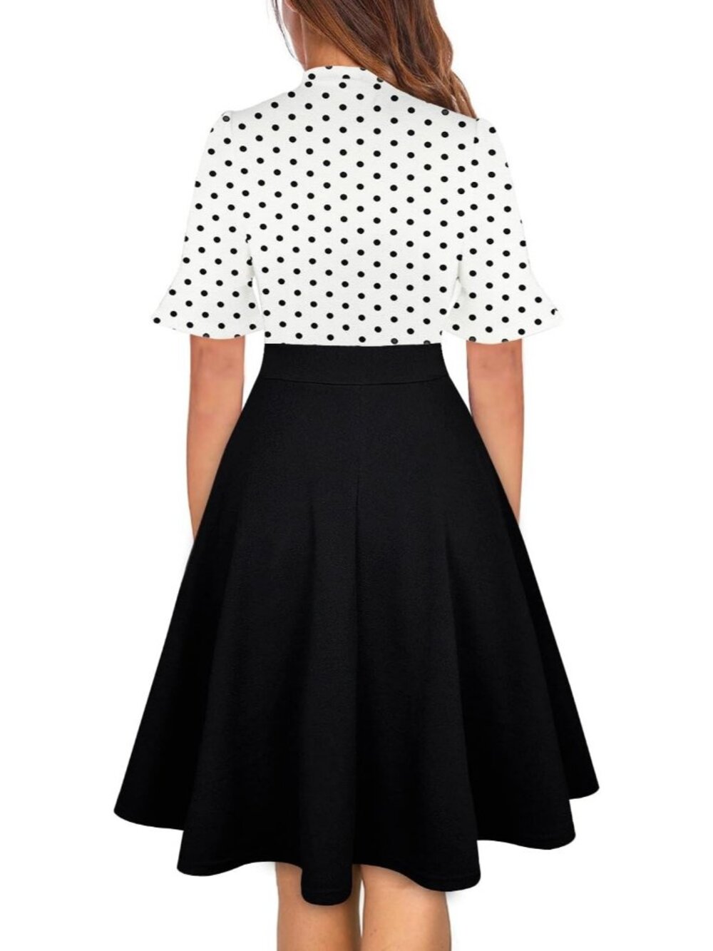 Women's White Dot Classic Tie Neck Summer Short Sleeve Knee Length Mid Dresses - Picture 2 of 2